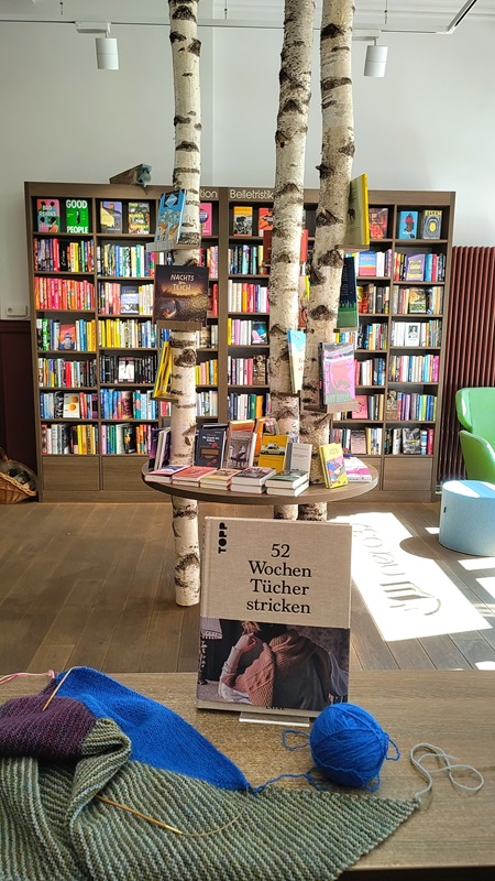 Bild mit Strickzeug, drei Birkenstämmen und einem großen Bücherregal.